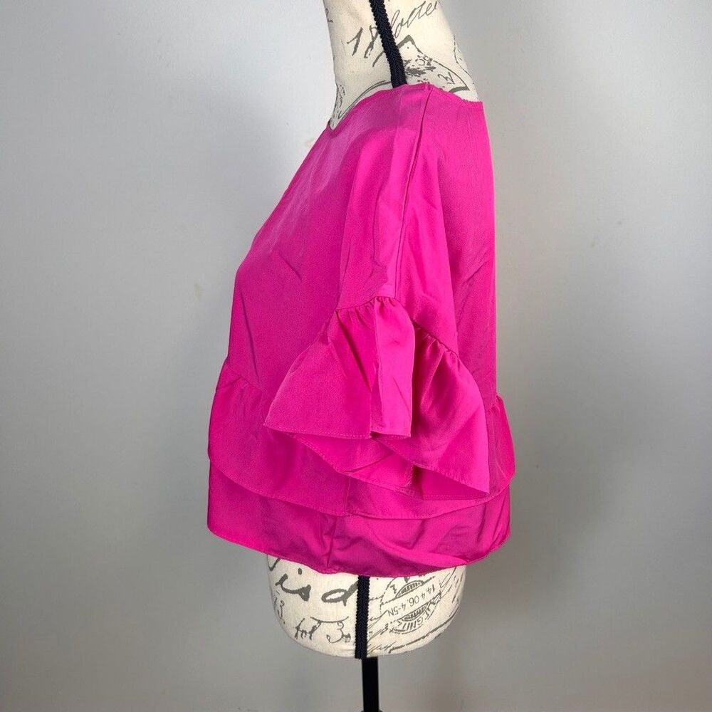 Shein Womens Hot Pink Ruffle Blouse Medium Short Sleeve Tiered Peplum Crop Top - Picture 3 of 8